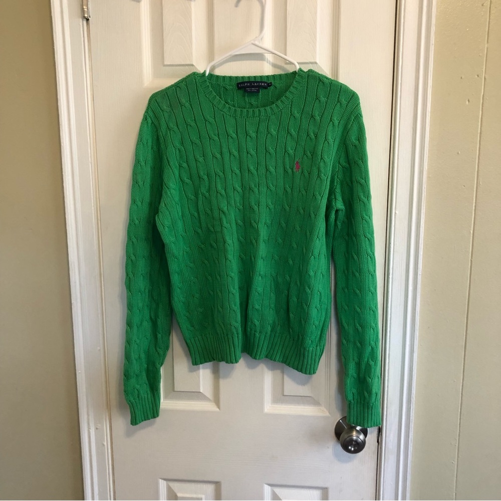 Green Ralph Lauren sweater with pink polo horse logo